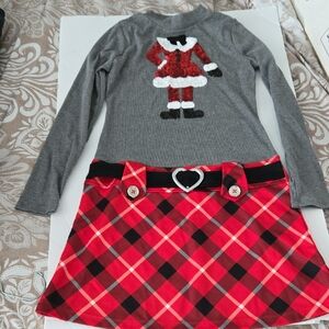 Gray Santa Sweater with Red Plaid Dress Size 10/12